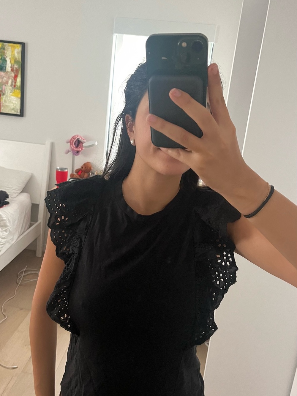 J. Crew Black Eyelet Ruffle Sleeve Top